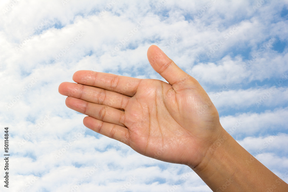 woman hand on sky cloud background woman hand on sky cloud background