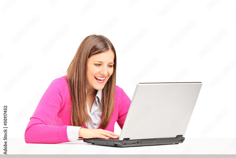 Smiling young female sitting and looking at a laptop Smiling young female sitting and looking at a laptop