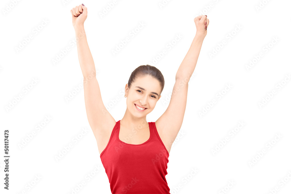 Young happy female with raised hands gesturing happiness Young happy female with raised hands gesturing happiness