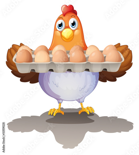 A hen holding a tray of eggs
