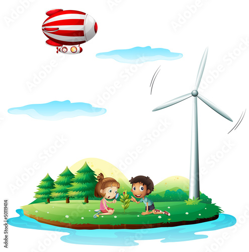 An airship above an island with a windmill