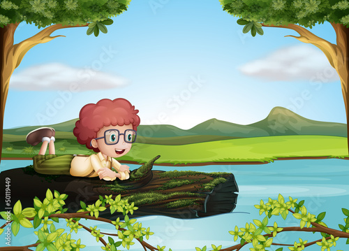 A floating trunk with a boy