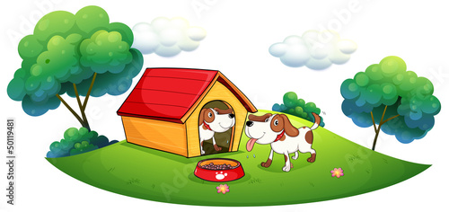 Two puppies with a doghouse