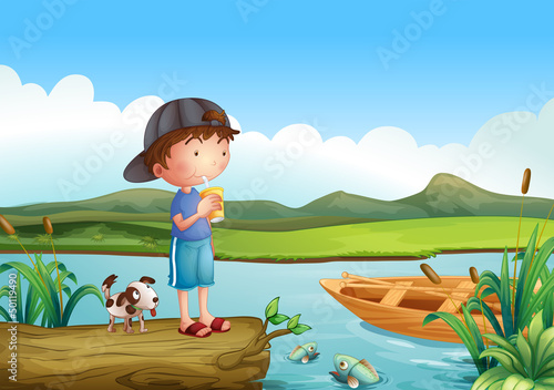A boy and a dog above a floating trunk