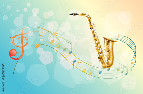 A saxophone and the musical symbols