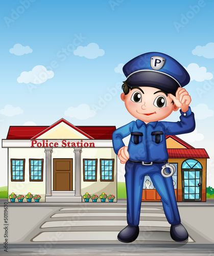 A police officer in front of a police station