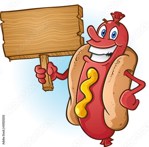 Hot Dog Cartoon Holding a Blank Wooden Sign
