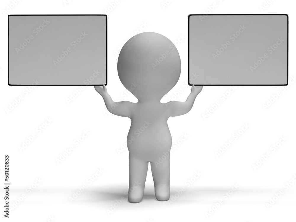 Blank White Signs With Copyspace Are Held By 3d Character Blank White Signs With Copyspace Are Held By 3d Character