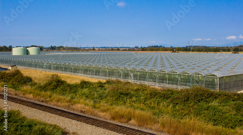 Row of greenhouses with train tracks