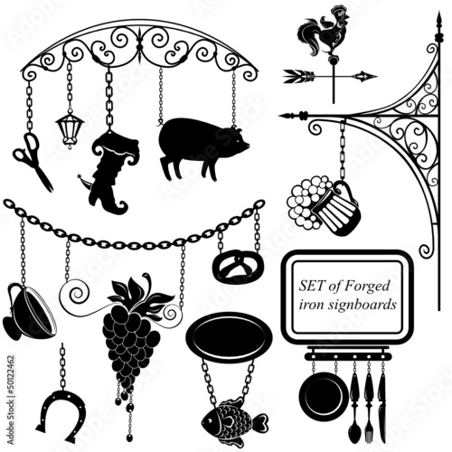 Set of different form metal sign boards for restaurant, bar