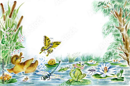 Butterfly, duckling and frog are playing together on the pond.