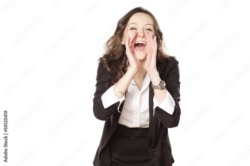 satisfied and happy woman shouting with both hands next to the m satisfied and happy woman shouting with both hands next to the m