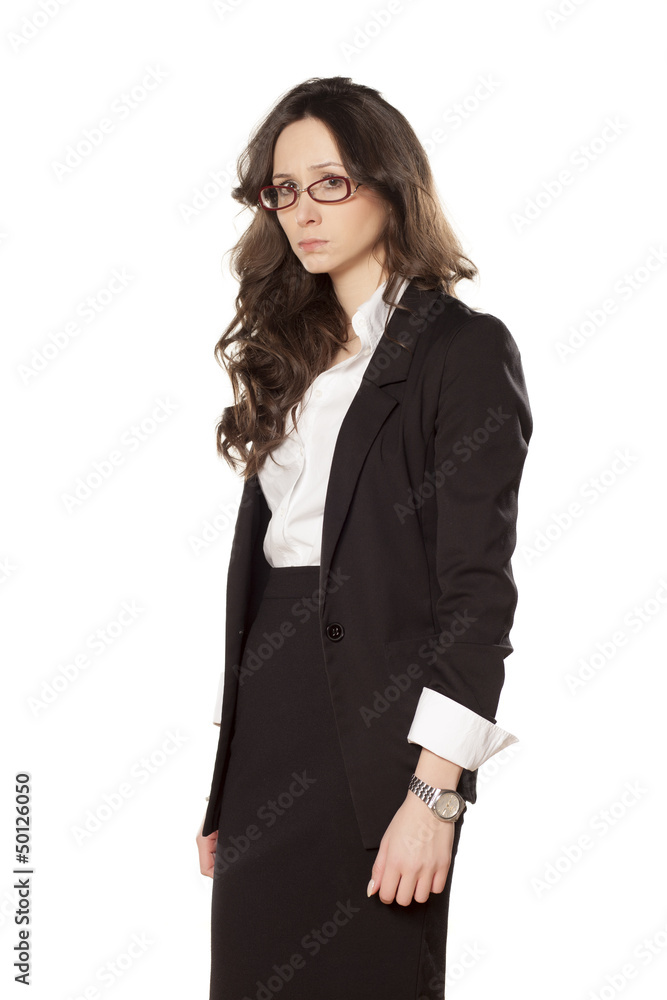 Young business woman showing stress on white background