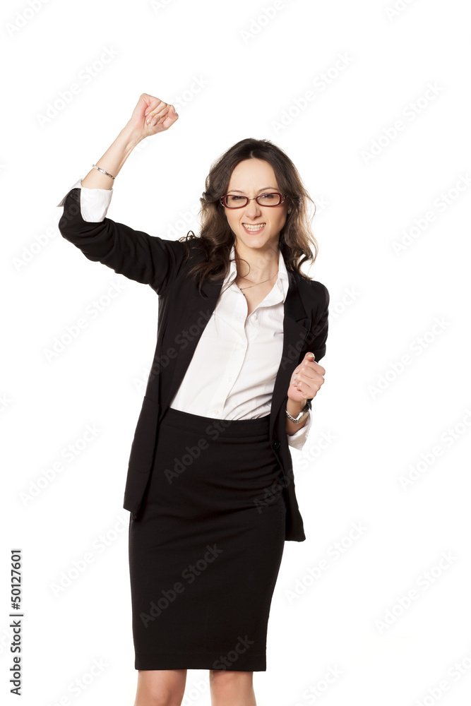 nice business woman exulting with a hand up on white background nice business woman exulting with a hand up on white background
