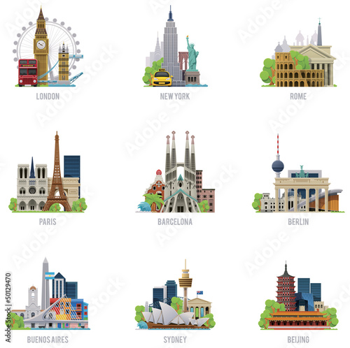 Obraz na płótnie Vector travel destinations icon set w salonie