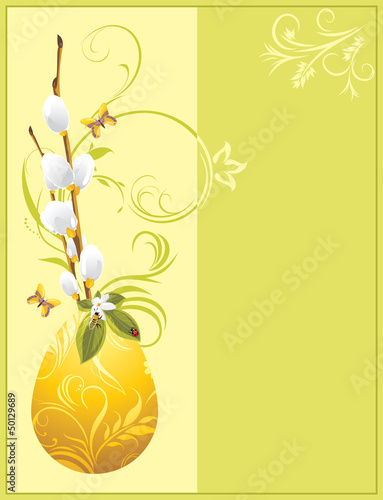 Easter egg and pussy willow branch. Decorative festive card