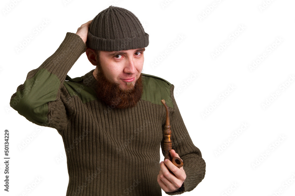 bearded guy smoking a pipe on a light background bearded guy smoking a pipe on a light background