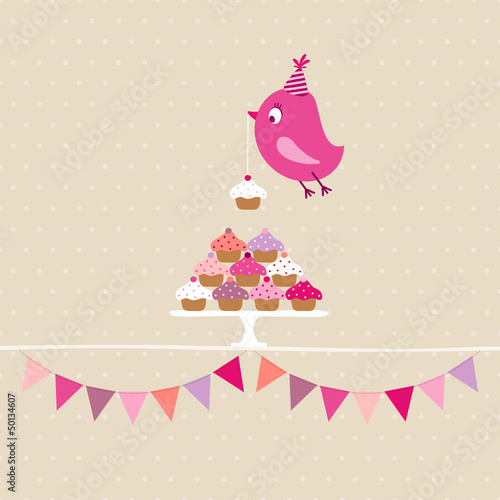 Flying Pink Bird 10 Cupcakes Festoons Beige Dots