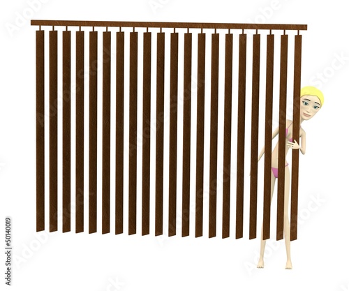 3d render of cartoon character behind curtain