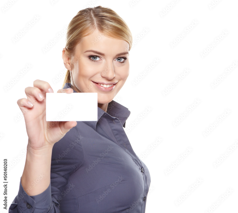 Businesswoman holding credit card. Isolated on white Businesswoman holding credit card. Isolated on white