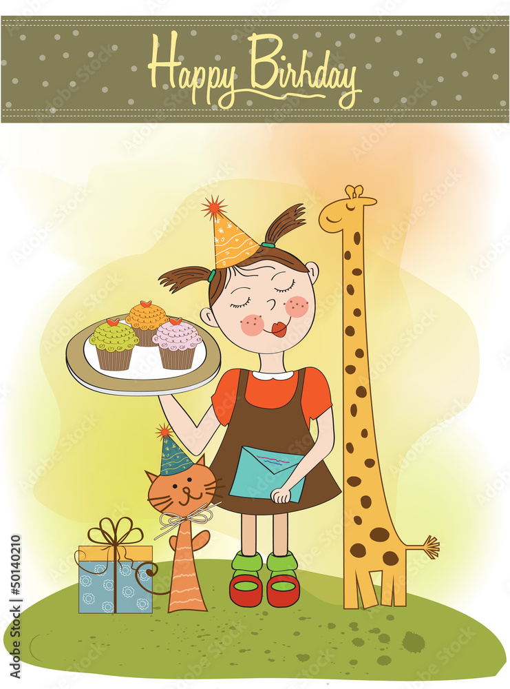 Happy Birthday card with funny girl, animals and cupcakes Happy Birthday card with funny girl, animals and cupcakes