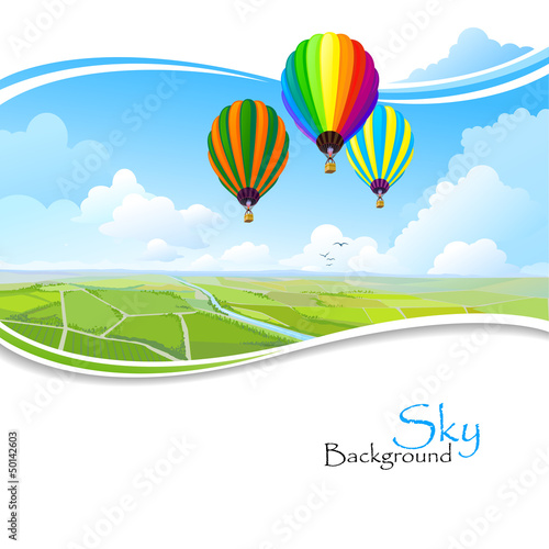 Hot air balloons , Blue sky and Green fields