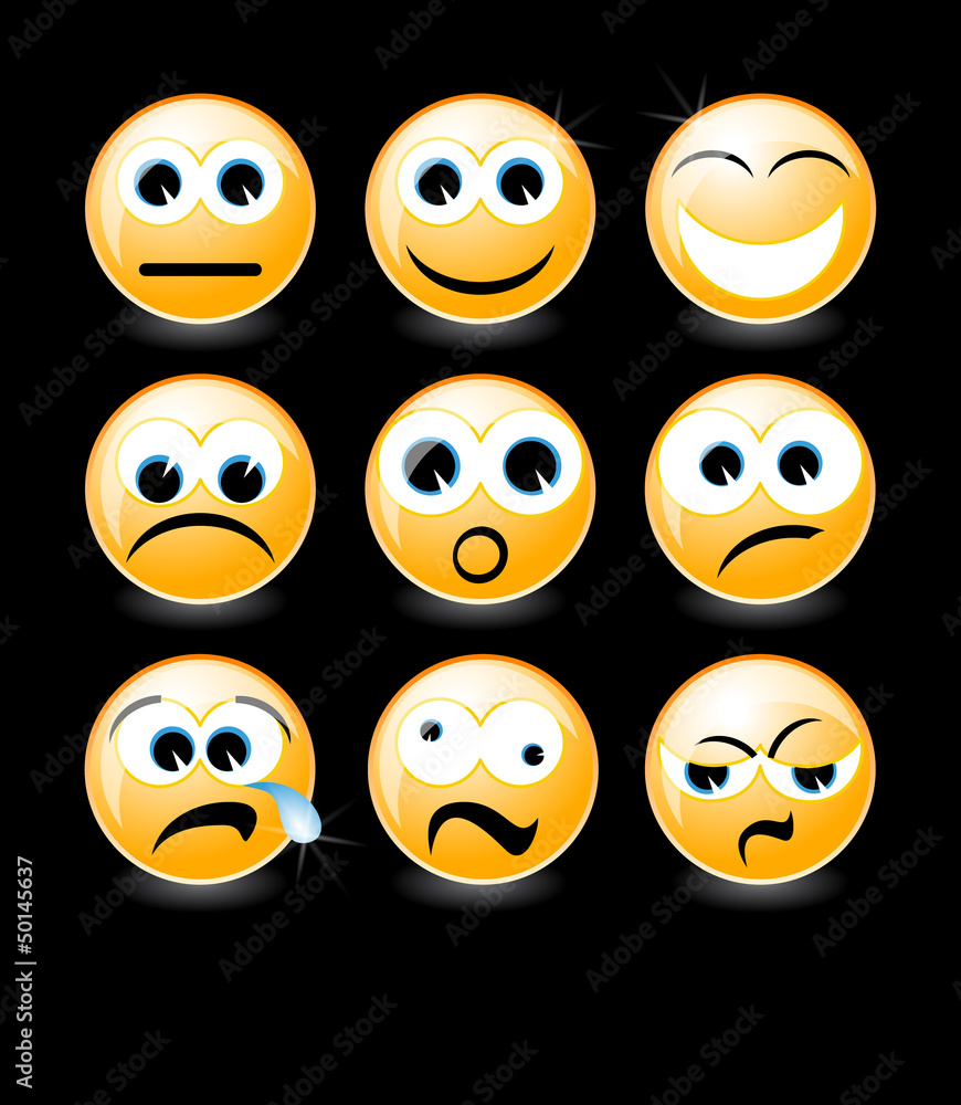 r set of smiley faces on black background r set of smiley faces on black background