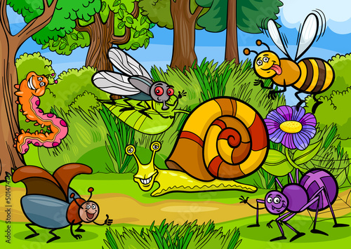cartoon insects on nature rural scene