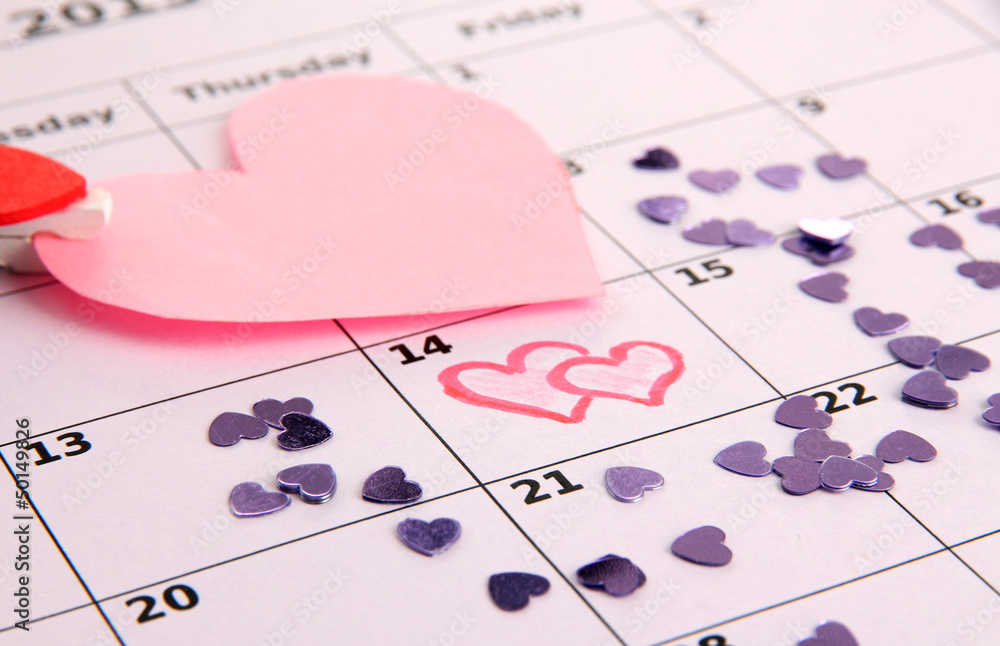 Notes on the calendar (valentines day), close-up Notes on the calendar (valentines day), close-up