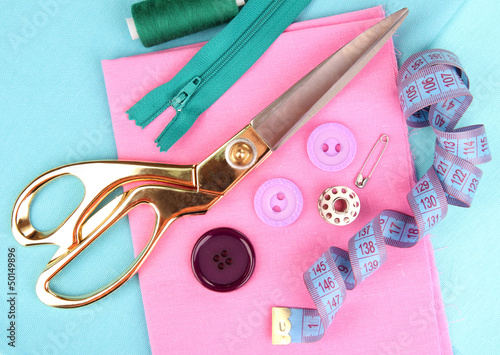 Sewing accessories and fabric close-up