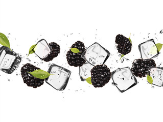 Fototapete Obst im Eis Brombeeren mit Eiswürfeln, isoliert auf weißem Hintergrund  © Jag_cz