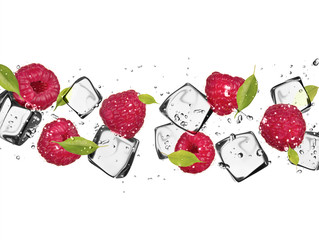 Fototapete Obst im Eis Himbeeren mit Eiswürfeln, isoliert auf weißem Hintergrund  © Jag_cz