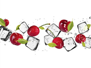 Fototapete Obst im Eis Frische Kirschen mit Eiswürfeln, isoliert auf weißem Hintergrund  © Jag_cz
