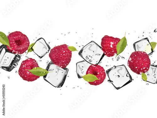  Raspberries with ice cubes, isolated on white background #50150243