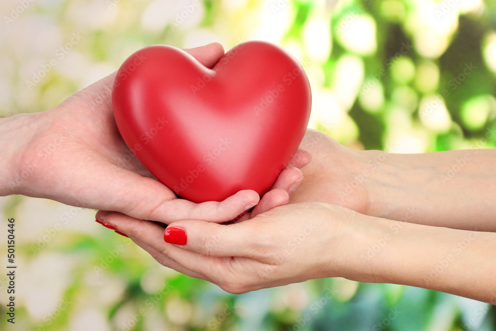 Red heart in woman and man hands, on green background Red heart in woman and man hands, on green background