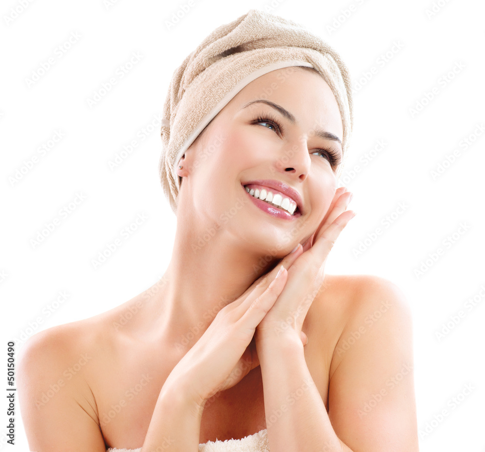 Beautiful Girl After Bath Touching Her Face. Skincare Beautiful Girl After Bath Touching Her Face. Skincare