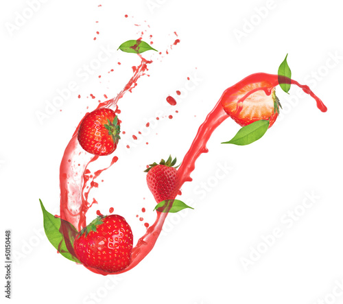 Strawberries in splash, isolated on white background