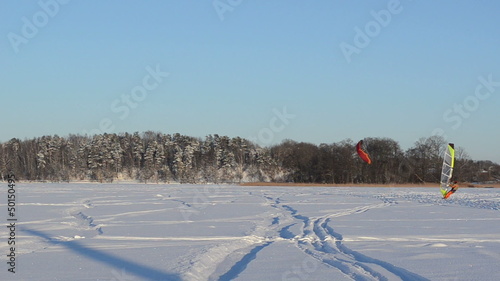 panorama people ice sail surf  kiteboard frozen lake  winter