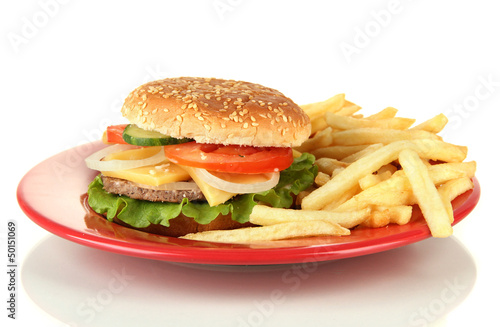 Tasty cheeseburger with fried potatoes, isolated on white