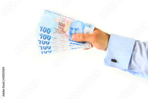 business man holding turkish lira