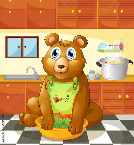A bear holding a bowl of vegetables inside the kitchen