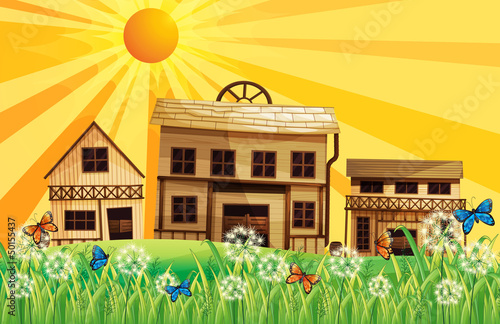 The wooden houses and the sunset