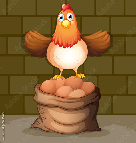 A chicken above a sack full of eggs
