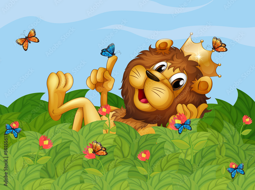Obraz premium A lion in the garden with butterflies