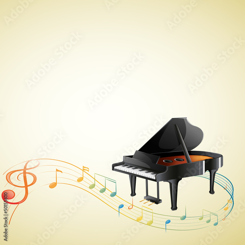 A piano with a G-clef and musical notes