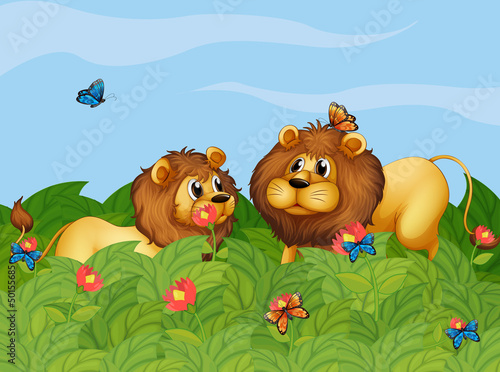 Two lions in the garden with butterflies