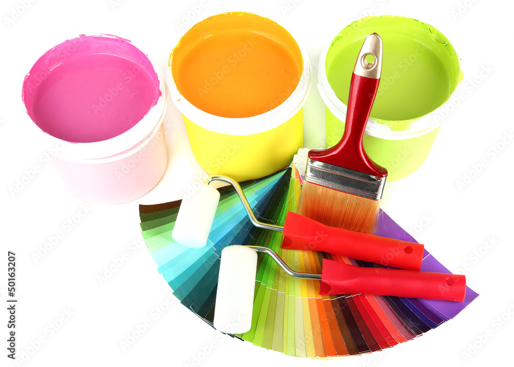 Set for painting: paint pots, brushes, paint-roller and palette Set for painting: paint pots, brushes, paint-roller and palette