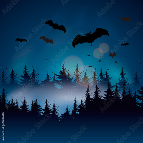 Background with bats and forest, vector Eps10 illustration.