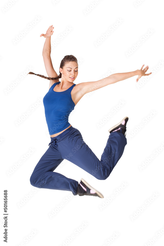 healthy fitness woman jump isolated on white background