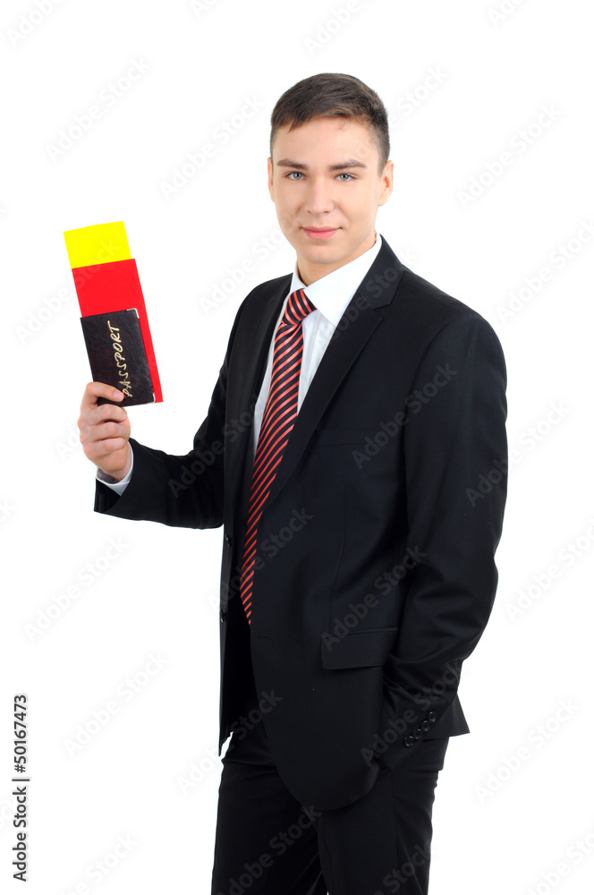 businessman with documents for travel on plane businessman with documents for travel on plane